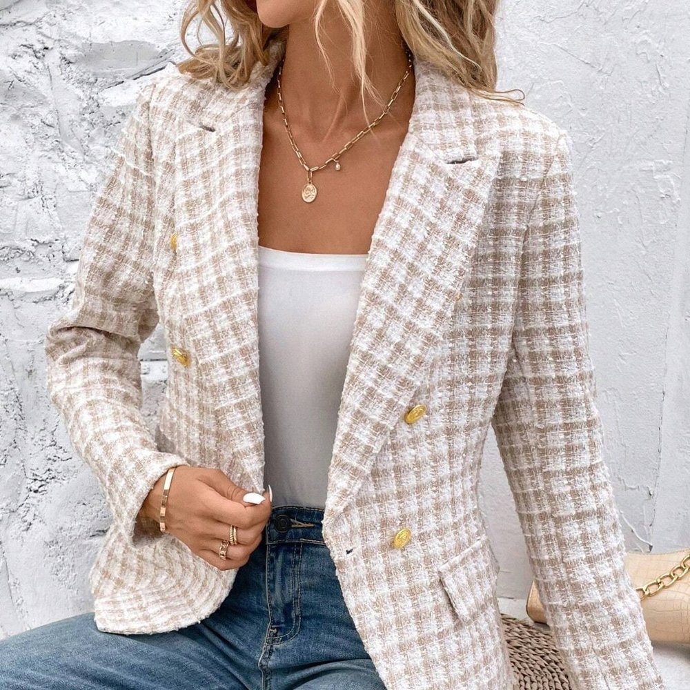 Apricot Elegant Womens Plaid Pattern Double Breasted Flap Detail Blazer - Picture 3 of 5
